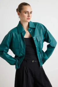 TRENDYOLMİLLA dark Green Regular Pattern Waist Adjustable Soft Faux Leather Jacket Coat - Image 7