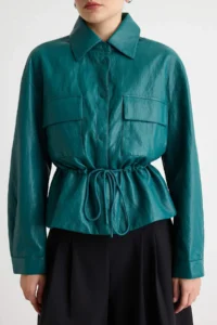 TRENDYOLMİLLA dark Green Regular Pattern Waist Adjustable Soft Faux Leather Jacket Coat - Image 8