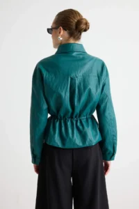 TRENDYOLMİLLA dark Green Regular Pattern Waist Adjustable Soft Faux Leather Jacket Coat - Image 9