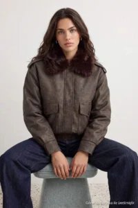 TRENDYOLMİLLA Khaki Oversized Pattern Fur Collar Vintage Effect Bomber Jacket Coat