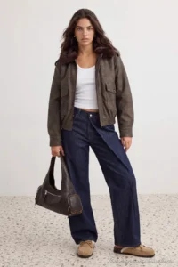 TRENDYOLMİLLA Khaki Oversized Pattern Fur Collar Vintage Effect Bomber Jacket Coat - Image 2