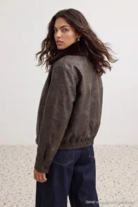 TRENDYOLMİLLA Khaki Oversized Pattern Fur Collar Vintage Effect Bomber Jacket Coat - Image 6