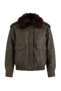 TRENDYOLMİLLA Khaki Oversized Pattern Fur Collar Vintage Effect Bomber Jacket Coat - Image 7