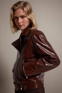 TRENDYOLMİLLA Dark Brown Oversized Pattern Shiny Faux Leather Biker Jacket Coat