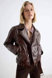 TRENDYOLMİLLA Dark Brown Oversized Pattern Shiny Faux Leather Biker Jacket Coat - Image 2