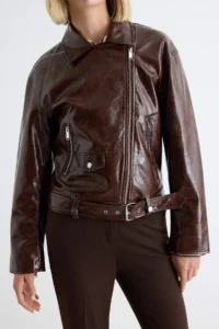 TRENDYOLMİLLA Dark Brown Oversized Pattern Shiny Faux Leather Biker Jacket Coat - Image 4