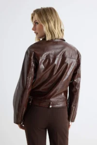 TRENDYOLMİLLA Dark Brown Oversized Pattern Shiny Faux Leather Biker Jacket Coat - Image 5