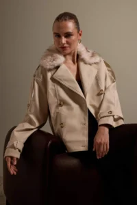 TRENDYOLMİLLA Ecru Oversized Pattern Faux Fur Collared Faux Leather Jacket Coat