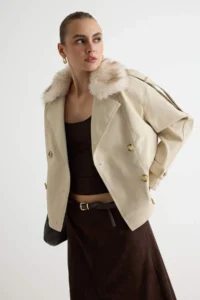 TRENDYOLMİLLA Ecru Oversized Pattern Faux Fur Collared Faux Leather Jacket Coat - Image 2