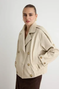 TRENDYOLMİLLA Ecru Oversized Pattern Faux Fur Collared Faux Leather Jacket Coat - Image 3