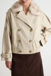TRENDYOLMİLLA Ecru Oversized Pattern Faux Fur Collared Faux Leather Jacket Coat - Image 5