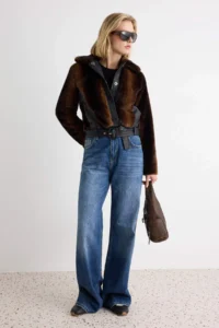 TRENDYOLMİLLA Dark Brown Regular Pattern Faux Leather Detailed Faux Fur Coat - Image 2