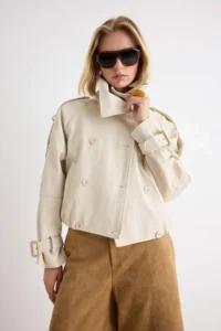 TRENDYOLMİLLA Stone Oversized Pattern High Neck Soft Faux Leather Jacket Coat - Image 3