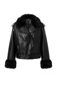 TRENDYOLMİLLA Black Oversized Pattern Fur Collar Biker Jacket Coat - Image 10