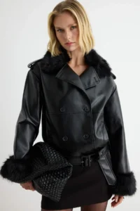 TRENDYOLMİLLA Black Oversized Pattern Fur Collar Biker Jacket Coat - Image 3