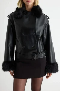 TRENDYOLMİLLA Black Oversized Pattern Fur Collar Biker Jacket Coat - Image 4