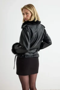 TRENDYOLMİLLA Black Oversized Pattern Fur Collar Biker Jacket Coat - Image 5