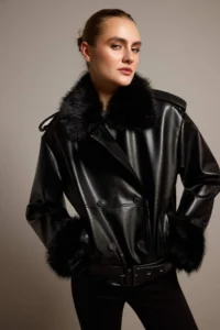 TRENDYOLMİLLA Black Oversized Pattern Fur Collar Biker Jacket Coat - Image 6