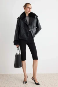 TRENDYOLMİLLA Black Oversized Pattern Fur Collar Biker Jacket Coat - Image 7