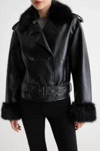 TRENDYOLMİLLA Black Oversized Pattern Fur Collar Biker Jacket Coat - Image 8