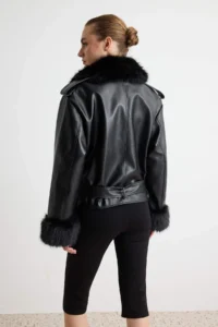 TRENDYOLMİLLA Black Oversized Pattern Fur Collar Biker Jacket Coat - Image 9