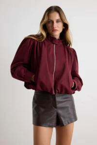 TRENDYOLMİLLA Burgundy Regular Pattern Balloon Sleeve Thin Jacket Coat - Image 3