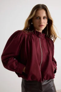 TRENDYOLMİLLA Burgundy Regular Pattern Balloon Sleeve Thin Jacket Coat - Image 4