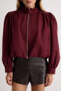 TRENDYOLMİLLA Burgundy Regular Pattern Balloon Sleeve Thin Jacket Coat - Image 5