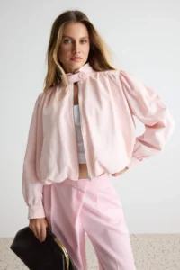 TRENDYOLMİLLA Light PINK Regular Pattern Balloon Sleeve Thin Jacket Coat - Image 5