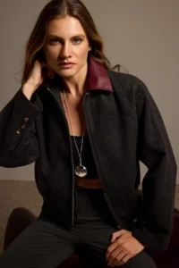 TRENDYOLMİLLA Anthracite Faux Leather Collared Bowl Jacket Coat