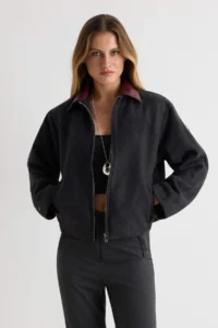 TRENDYOLMİLLA Anthracite Faux Leather Collared Bowl Jacket Coat - Image 2