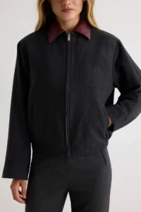 TRENDYOLMİLLA Anthracite Faux Leather Collared Bowl Jacket Coat - Image 4