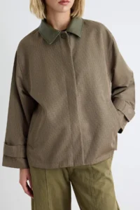 TRENDYOLMİLLA Khaki Oversized Pattern Plaid Contrast Collar Coat - Image 7