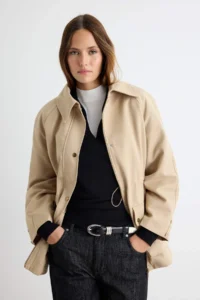 TRENDYOLMİLLA Beige Regular Pattern removable Fur Collar Coat - Image 3