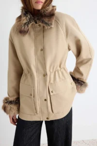 TRENDYOLMİLLA Beige Regular Pattern removable Fur Collar Coat - Image 5