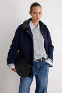 TRENDYOLMİLLA NAVY BLUE Faux Leather Collar Regular Pattern Bowl Coat - Image 2