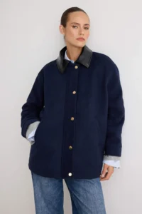 TRENDYOLMİLLA NAVY BLUE Faux Leather Collar Regular Pattern Bowl Coat - Image 3