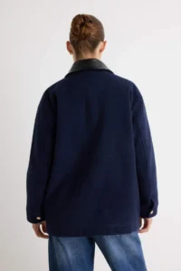 TRENDYOLMİLLA NAVY BLUE Faux Leather Collar Regular Pattern Bowl Coat - Image 4