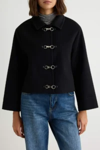 TRENDYOLMİLLA Black Regular Pattern Kapama Detailed Bowl Jacket Coat - Image 3