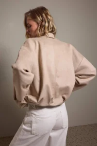 TRENDYOLMİLLA Mink Oversized Pattern Arched Suede Bomber Jacket Coat - Image 6