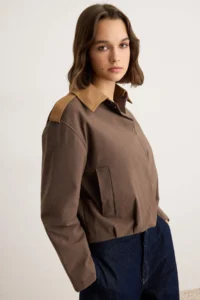 TRENDYOLMİLLA Brown Cotton Fabric Suede Epaulette Collar Detailed Oversized Pattern Bomber Jacket Jacket Coat - Image 3
