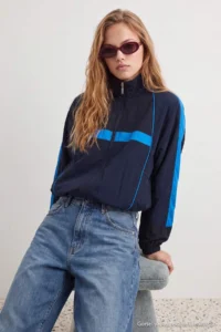 TRENDYOLMİLLA NAVY BLUE Oversized Pattern Color Bloklu Summer Coat