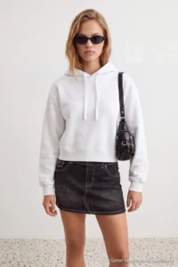TRENDYOLMİLLA WHITE Plain Regular Hooded Drop Sleeve LONG Crop 3 Yarn Brushed Knitting Sweatshirt