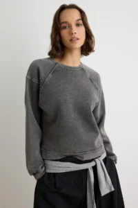 TRENDYOLMİLLA Anthracite Thick Regular Pattern Knitting Sweatshirt with Fleece Inside Washable Stone Accessories