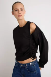 TRENDYOLMİLLA Black Ruffle and Cut Out/Window Detailed Regular Crew Neck Thin Knitting Sweatshirt