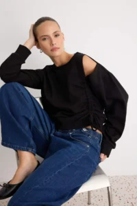 TRENDYOLMİLLA Black Ruffle and Cut Out/Window Detailed Regular Crew Neck Thin Knitting Sweatshirt - Image 2