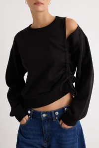 TRENDYOLMİLLA Black Ruffle and Cut Out/Window Detailed Regular Crew Neck Thin Knitting Sweatshirt - Image 3