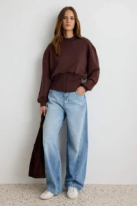 TRENDYOLMİLLA Brown Thick Fleece Inside Waist Fitting Zippered High Neck Oversized Knitting Sweatshirt - Image 2
