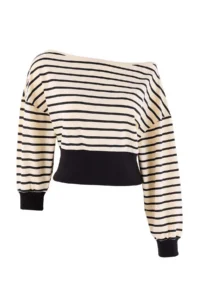 TRENDYOLMİLLA Black Striped Thin Asymmetric Collar Waist Fitting Drop Sleeve Crop Thin Knitting Sweatshirt - Image 4