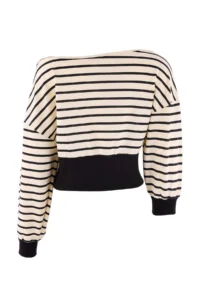 TRENDYOLMİLLA Black Striped Thin Asymmetric Collar Waist Fitting Drop Sleeve Crop Thin Knitting Sweatshirt - Image 6